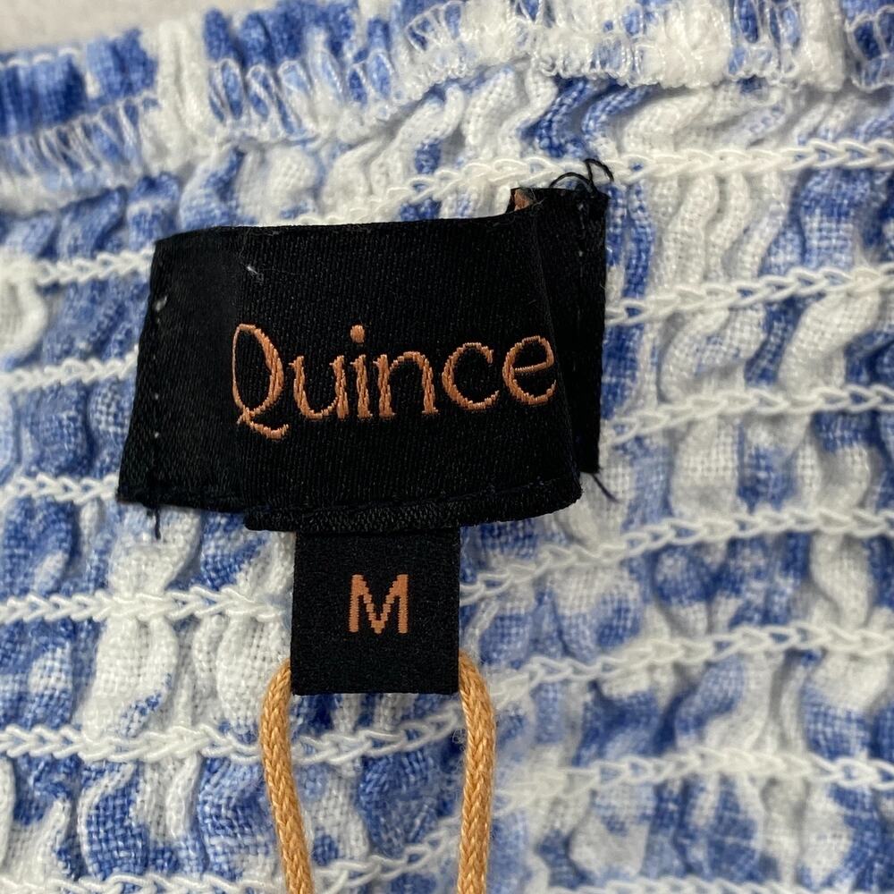 QUINCE Dress M Linen Scoop Neck Midi Sleeveless Floral Smocked Back Blue NEW - Picture 5 of 16